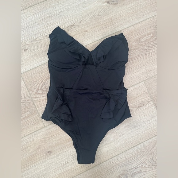 H&M Black One Piece Swimsuit with Deep V-Neck and Ruched Fabric - Picture 1 of 3